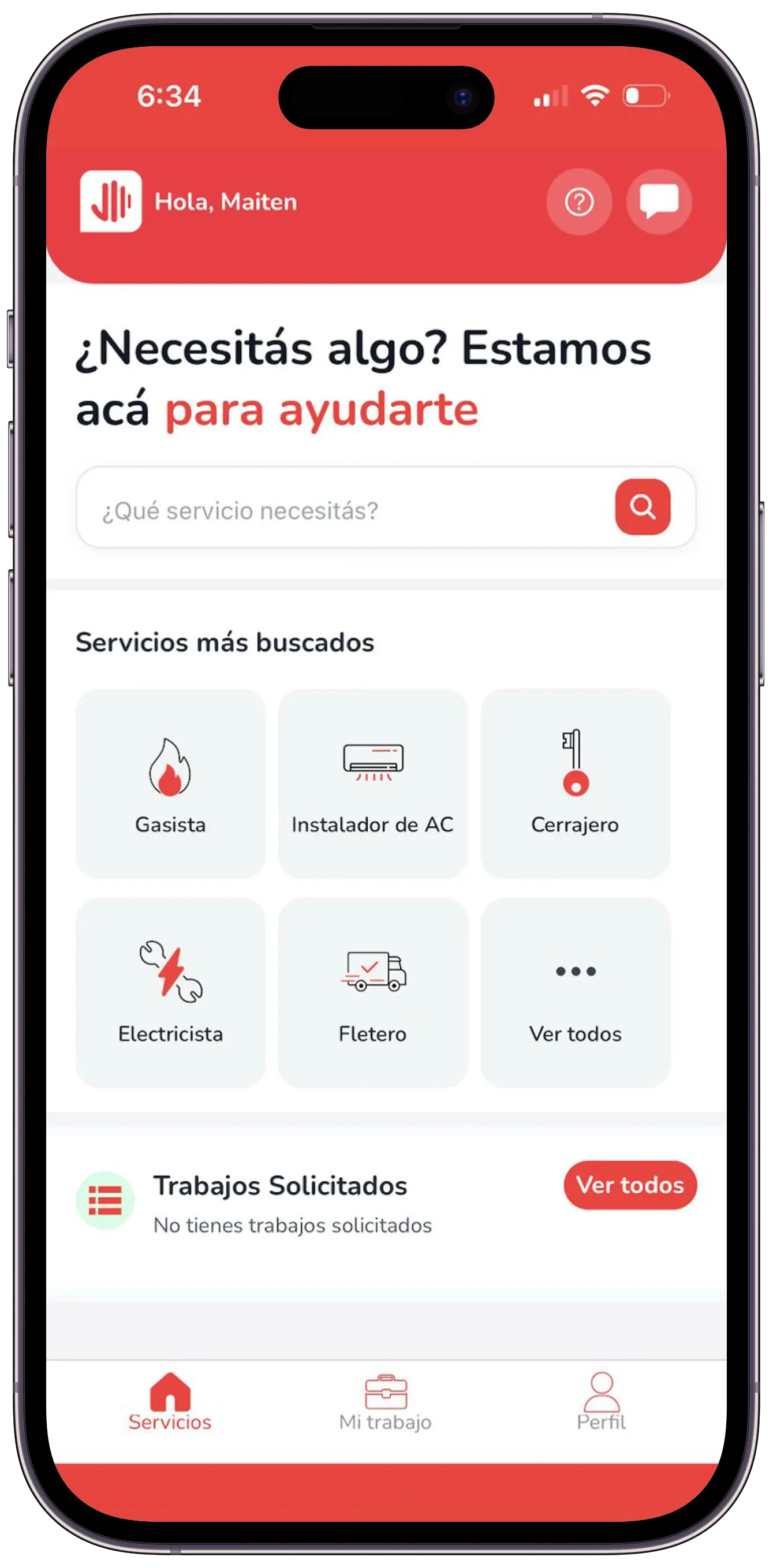App EstoyAcá — pantalla de servicios mostrando categorías como gasista, electricista y cerrajero